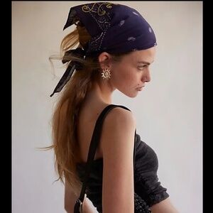 Free People Crawford Embroidered Hair Scark in Classic Navy/Gold NWT $24R